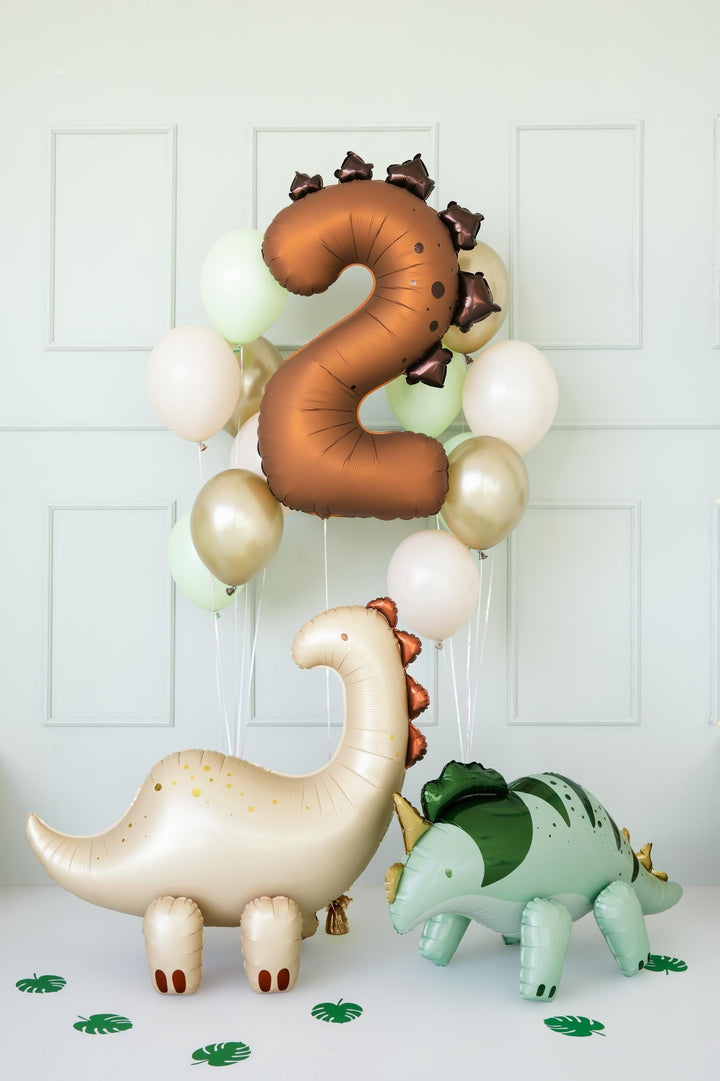 Brown Number 2 Dinosaur Foil Balloon - Large 92cm Stegosaurus Theme Birthday Decor - Two Rex Party Supplies - Second Birthday Photo Prop - Jolie Fete UK