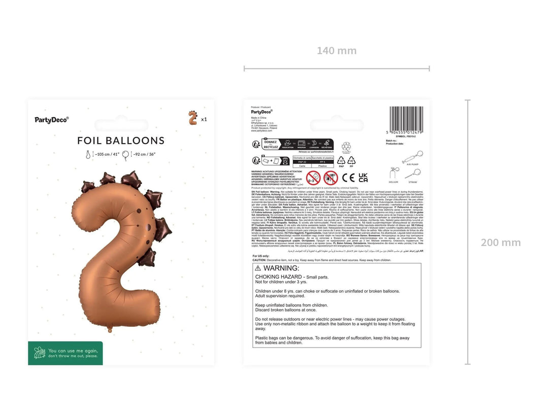 Brown Number 2 Dinosaur Foil Balloon - Large 92cm Stegosaurus Theme Birthday Decor - Two Rex Party Supplies - Second Birthday Photo Prop - Jolie Fete UK