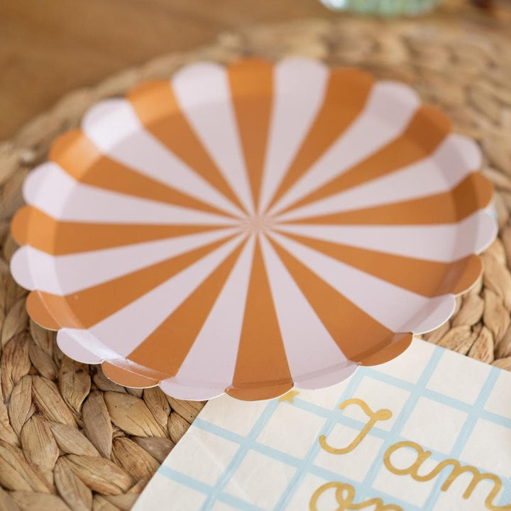 Brown Stripe Paper Plates - Scalloped Edge Party Plates - Neutral Teddy Bear 1st Birthday Tableware - Ochre & Cream Circus Theme - Pack of 6 - Jolie Fete UK