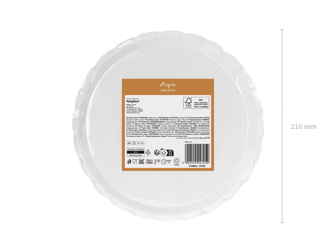 Brown Stripe Paper Plates - Scalloped Edge Party Plates - Neutral Teddy Bear 1st Birthday Tableware - Ochre & Cream Circus Theme - Pack of 6 - Jolie Fete UK