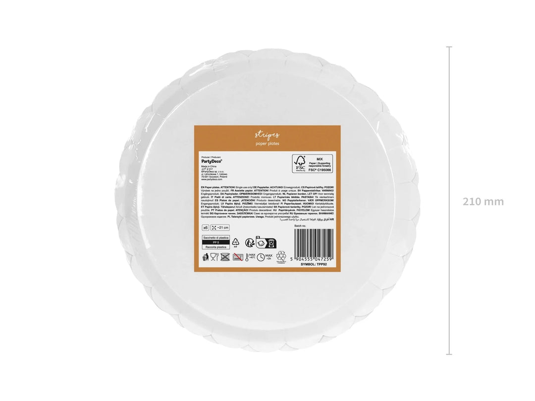 Brown Stripe Paper Plates - Scalloped Edge Party Plates - Neutral Teddy Bear 1st Birthday Tableware - Ochre & Cream Circus Theme - Pack of 6 - Jolie Fete UK