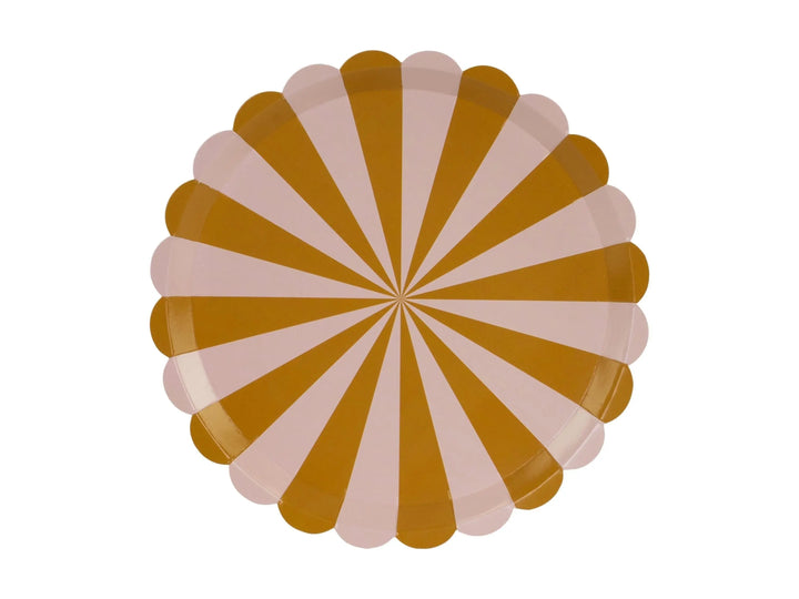 Brown Stripe Paper Plates - Scalloped Edge Party Plates - Neutral Teddy Bear 1st Birthday Tableware - Ochre & Cream Circus Theme - Pack of 6 - Jolie Fete UK