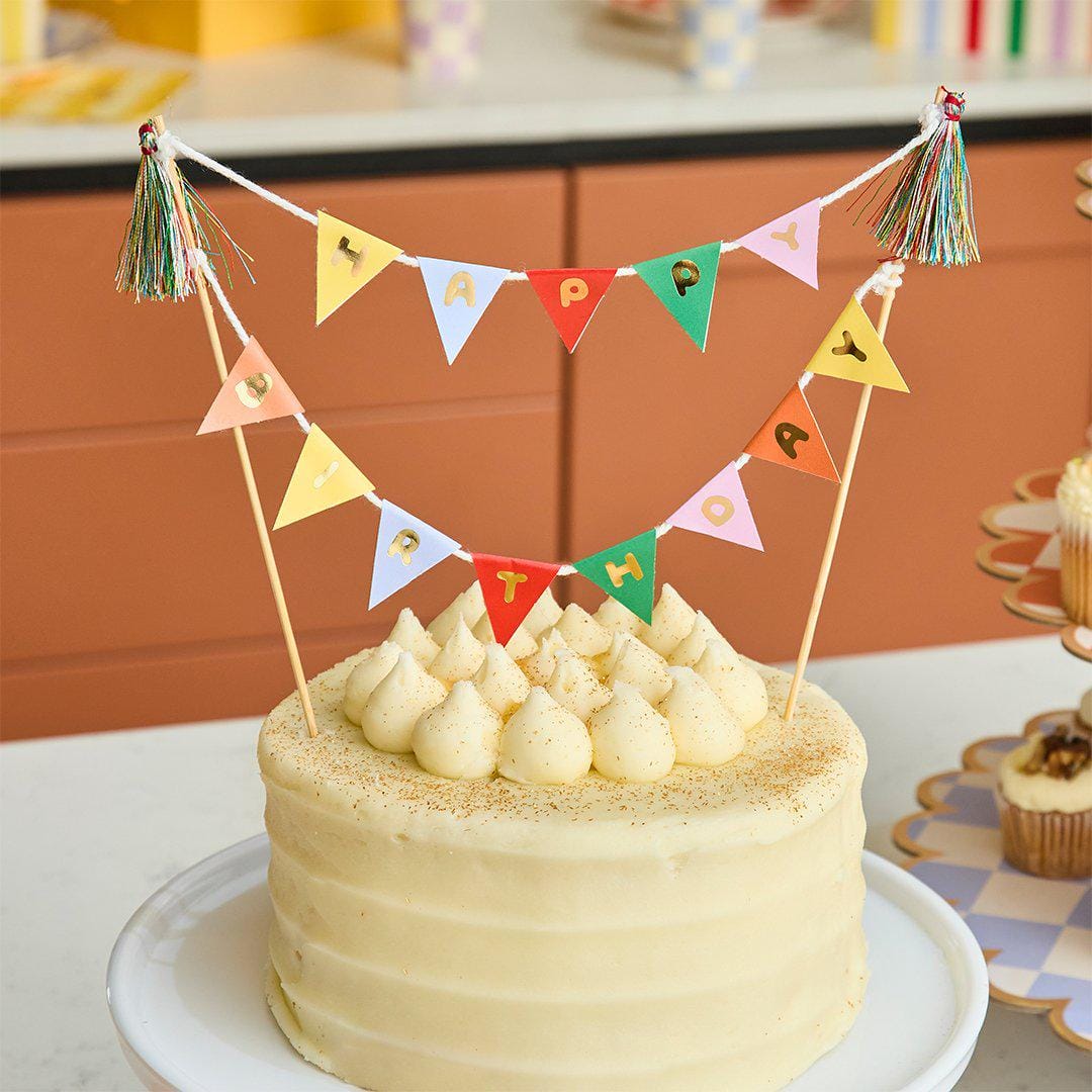 Bunting Cake Topper - Happy Birthday Cake Banner - Rainbow Party Cake Sign - Miniature Garland Topper - Colourful Kids Birthday Decoration - Jolie Fete UK