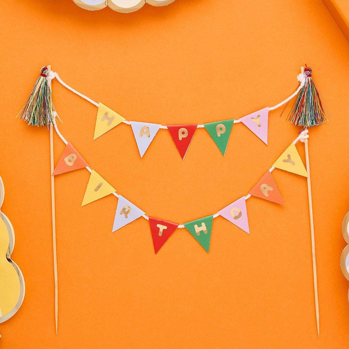 Bunting Cake Topper - Happy Birthday Cake Banner - Rainbow Party Cake Sign - Miniature Garland Topper - Colourful Kids Birthday Decoration - Jolie Fete UK