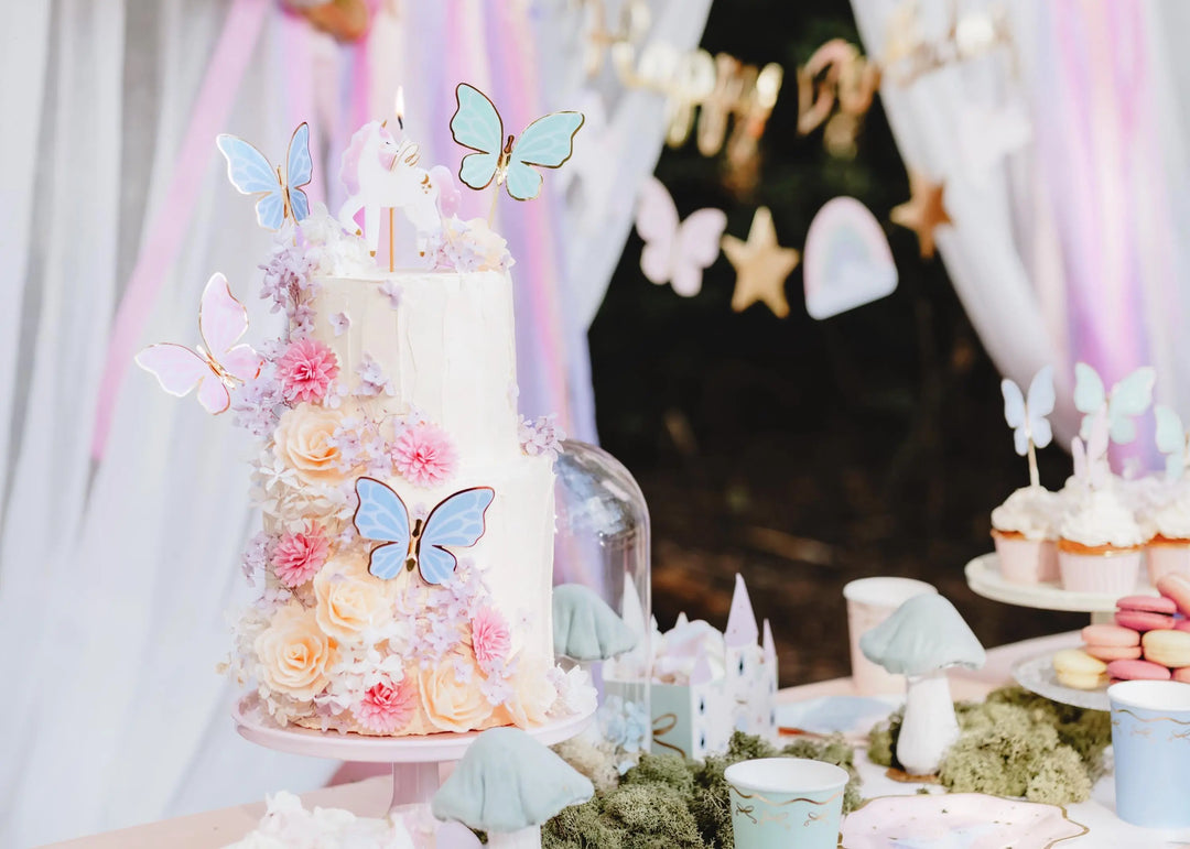Butterfly Cake Toppers - Pastel Butterflies Cupcake Toppers With Gold Rim - Blue, Pink & Green -Unicorn Birthday Party Decorations-Pack Of 9 - Jolie Fete UK