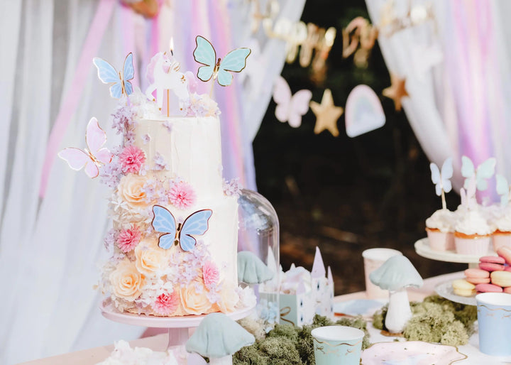 Butterfly Cake Toppers - Pastel Butterflies Cupcake Toppers With Gold Rim - Blue, Pink & Green -Unicorn Birthday Party Decorations-Pack Of 9 - Jolie Fete UK