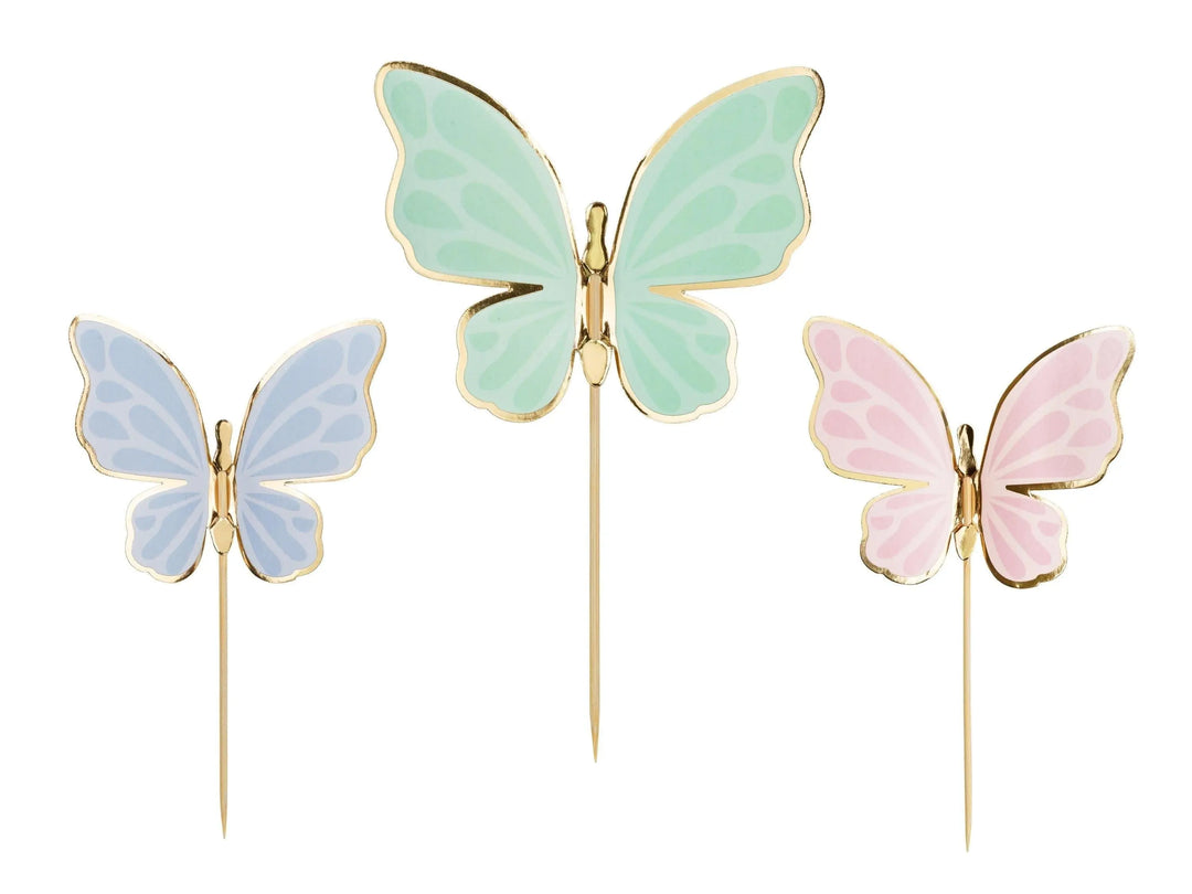 Butterfly Cake Toppers - Pastel Butterflies Cupcake Toppers With Gold Rim - Blue, Pink & Green -Unicorn Birthday Party Decorations-Pack Of 9 - Jolie Fete UK