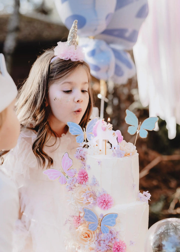 Butterfly Cake Toppers - Pastel Butterflies Cupcake Toppers With Gold Rim - Blue, Pink & Green -Unicorn Birthday Party Decorations-Pack Of 9 - Jolie Fete UK