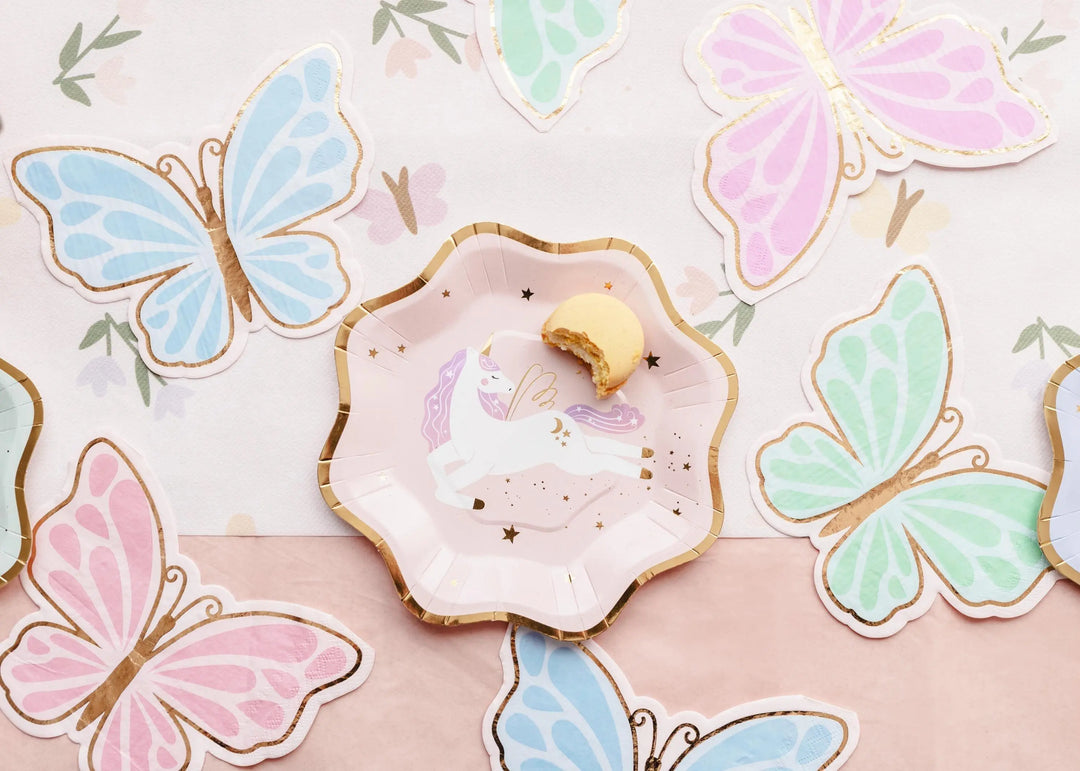 Butterfly Napkins - Pastel Butterflies Paper Napkins With Gold Rim - Blue, Pink & Green - Unicorn Birthday Party Decorations - Pack Of 12 - Jolie Fete UK