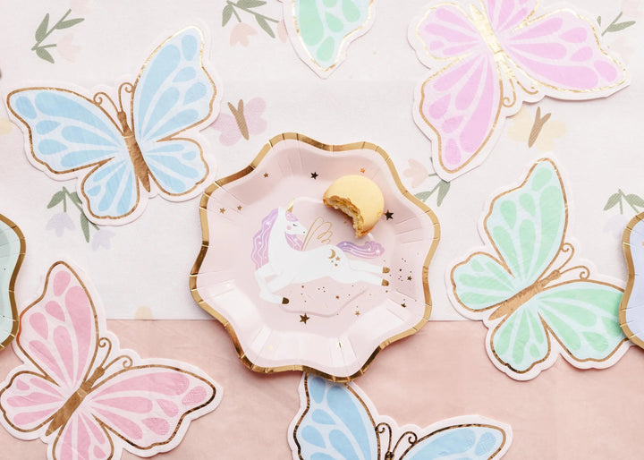 Butterfly Napkins - Pastel Butterflies Paper Napkins With Gold Rim - Blue, Pink & Green - Unicorn Birthday Party Decorations - Pack Of 12 - Jolie Fete UK