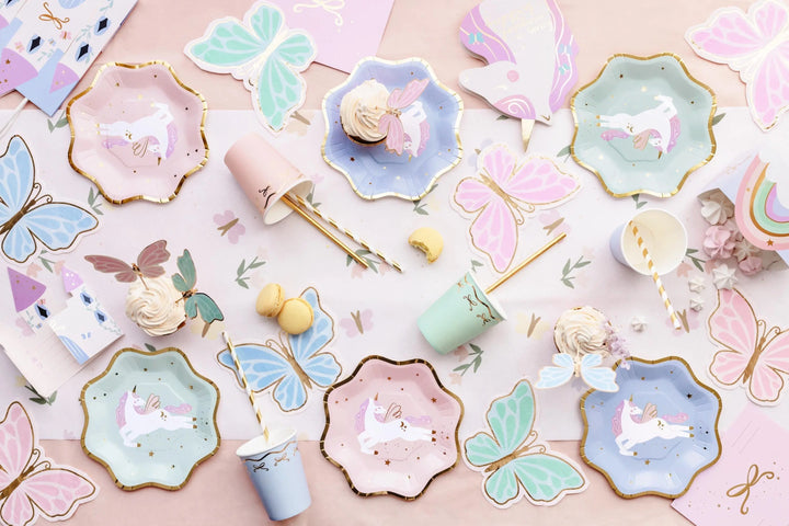 Butterfly Napkins - Pastel Butterflies Paper Napkins With Gold Rim - Blue, Pink & Green - Unicorn Birthday Party Decorations - Pack Of 12 - Jolie Fete UK