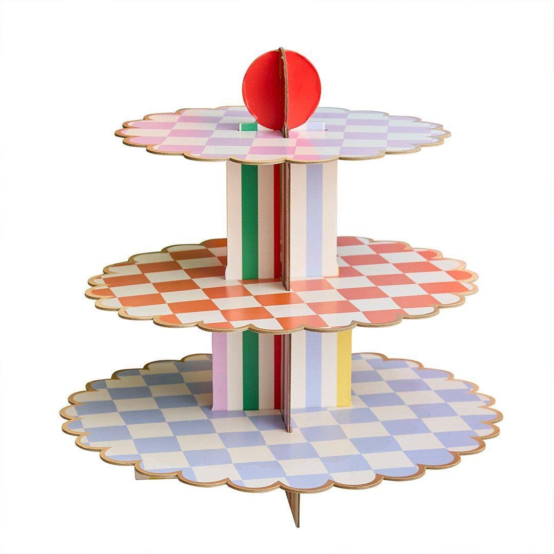 Cake Stand - 3 Tier Cupcake Display Tower - Rainbow Party Tableware - Geometric Treat Stand - Kids Birthday Food Display -Bright Party Decor - Jolie Fete UK