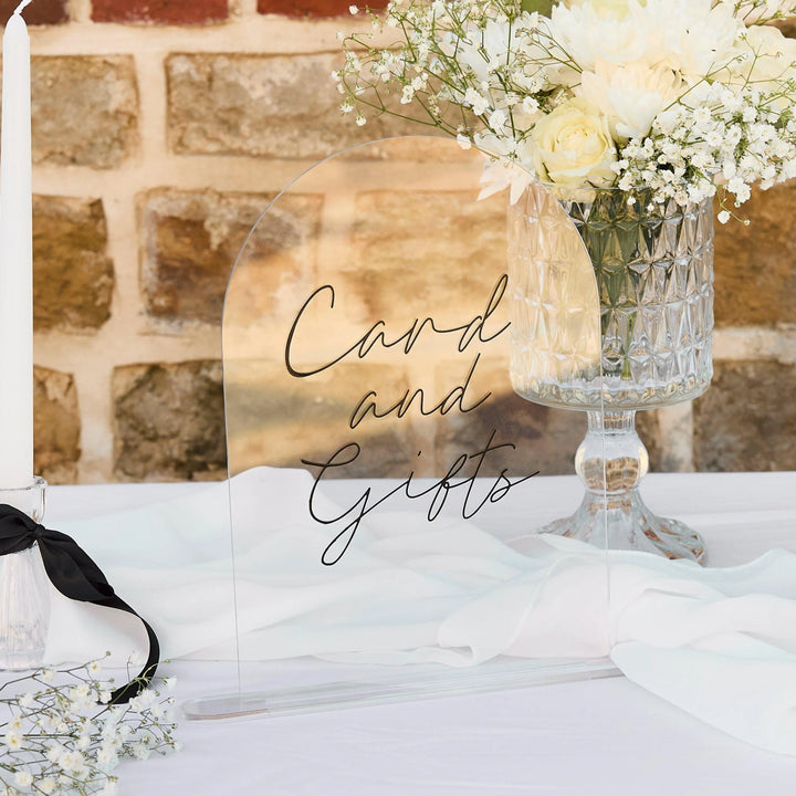 Clear Acrylic Cards and Gifts Sign - Wedding Table Decor With Black Script Lettering - Modern Minimalist Reception Signage - Standing Plaque - Jolie Fete UK