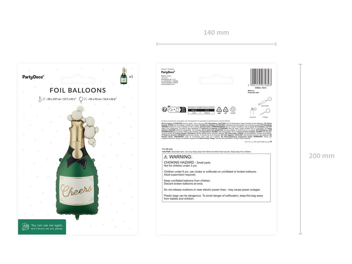 Champagne Bottle Foil Balloon - Cheers Celebration Decor - Large 93cm Green Balloon - Hen Party, Wedding, Graduation - Summer Party Supplies - Jolie Fete UK