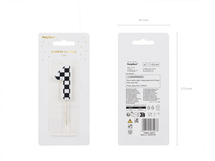 Cake Candle 1 - Checkered Flag Candle - Number 1 Birthday Cake Candle - Racing Car Party - Black & White Candle - Kids Party Decorations - Jolie Fete UK
