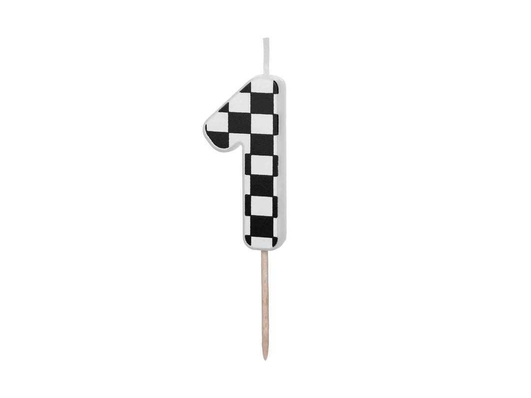 Cake Candle 1 - Checkered Flag Candle - Number 1 Birthday Cake Candle - Racing Car Party - Black & White Candle - Kids Party Decorations - Jolie Fete UK