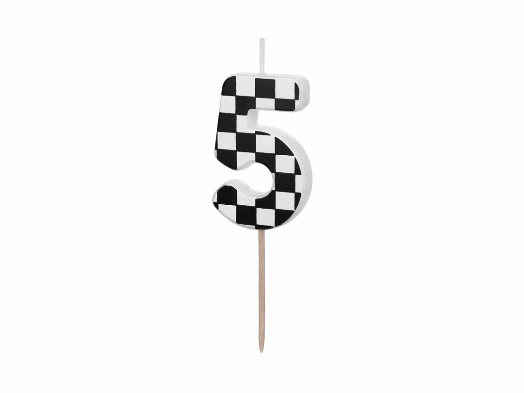 Cake Candle 5 - Checkered Flag Candle - Number 5 Birthday Cake Candle - Racing Car Party - Black & White Candle - Kids Party Decorations - Jolie Fete UK