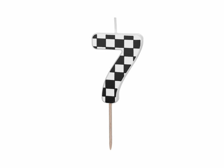 Cake Candle 7 - Checkered Flag Candle - Number 7 Birthday Cake Candle - Racing Car Party - Black & White Candle - Kids Party Decorations - Jolie Fete UK
