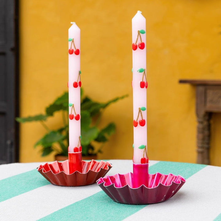 Cherry Dinner Candles - 3D Pink Fruit Taper Candles - Hand Painted Retro Kitsch Decor - Fun Kawaii Gift - Cute Party Tableware - Pack Of 2 - Jolie Fete UK