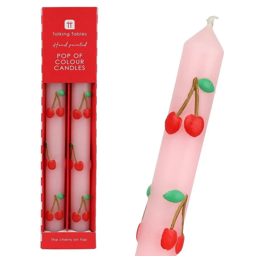 Cherry Dinner Candles - 3D Pink Fruit Taper Candles - Hand Painted Retro Kitsch Decor - Fun Kawaii Gift - Cute Party Tableware - Pack Of 2 - Jolie Fete UK