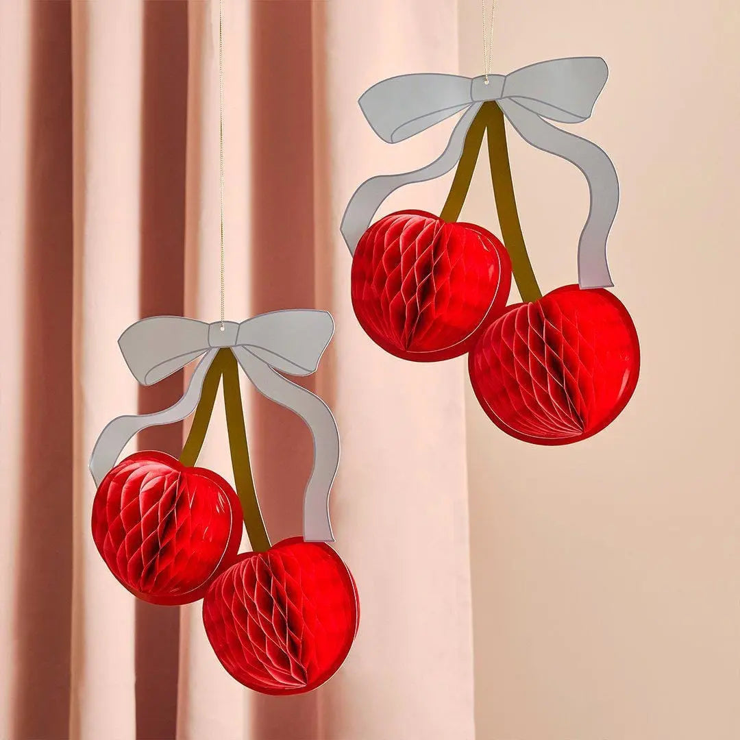 Cherry Honeycomb Decorations - Vintage Tissue Paper Cherries - Coquette Bow Hanging Garland - Pastel Party Bunting - Pair of 3D Cherries - Jolie Fete UK