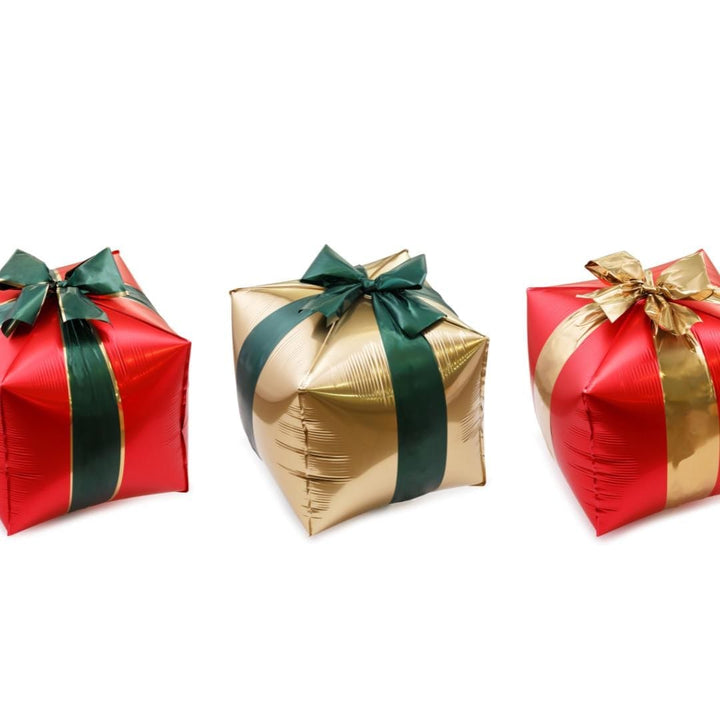 Christmas Gift Box Foil Balloons - Large Christmas Decorations - Festive Party Balloons - Red, Green & Gold - Kids Xmas - Inflate With Air - Jolie Fete UK