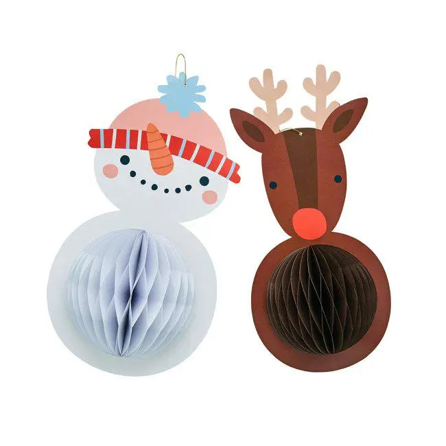 Snowman & Reindeer Honeycomb Decorations - Pack of 2 - Christmas Party Decor - 3D Hanging Xmas Centrepieces - Festive Christmass Decorations - Jolie Fete UK