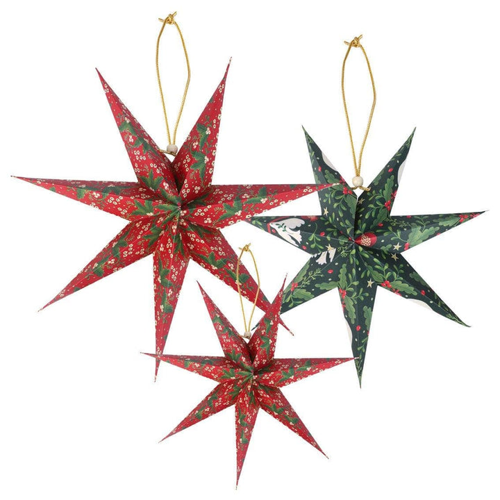 Christmas Paper Stars - Christmas Tree Decorations - Christmas Decorations - Red & Green Decorations - Holiday Decor - 2 Colours - Pack Of 3 - Jolie Fete UK