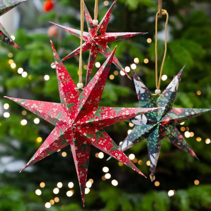 Christmas Paper Stars - Christmas Tree Decorations - Christmas Decorations - Red & Green Decorations - Holiday Decor - 2 Colours - Pack Of 3 - Jolie Fete UK