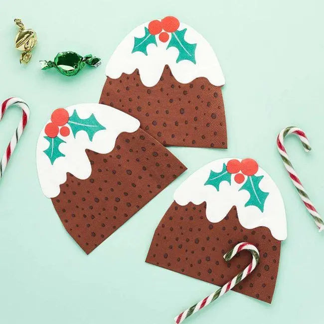Christmas Pudding Paper Napkins - Pack of 16 - Festive Xmas Table Decor - Christmas Dinner Party Tableware - Holiday Napkin Serviettes - Jolie Fete UK
