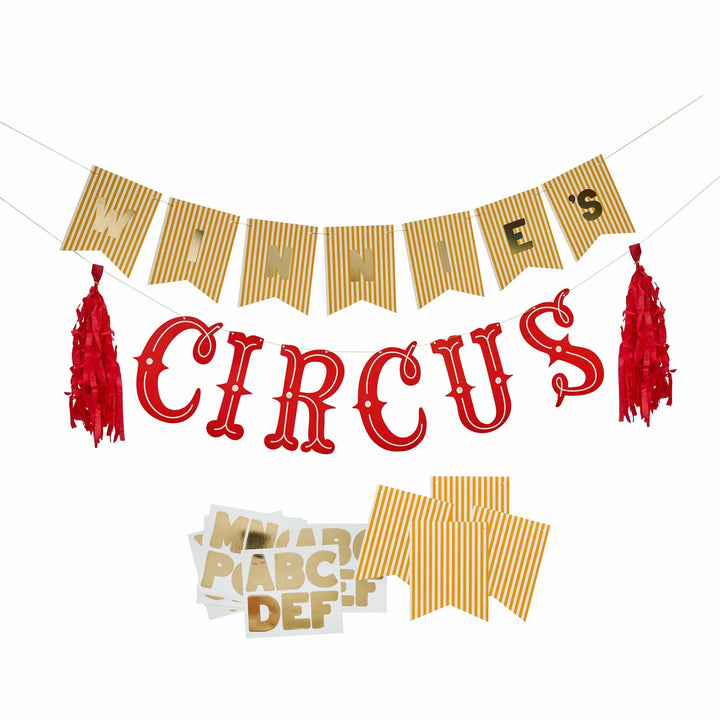 Circus Banner - Custom Name Party Bunting - Big Top Tassel Garland - Sticker Sheets - Carnival Party - Funfair Theme - Kids Birthday Party - Jolie Fete UK