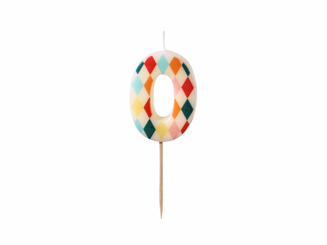 Cake Candle 0 - Rainbow Candles - Number 0 Birthday Cake Candle - Circus Party - Diamond Design - Harlequin Pattern-Kids Party-Multicoloured - Jolie Fete UK