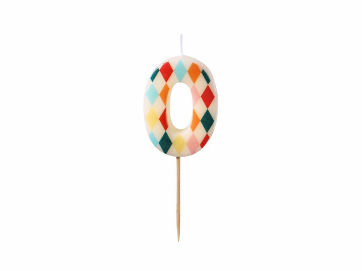 Cake Candle 0 - Rainbow Candles - Number 0 Birthday Cake Candle - Circus Party - Diamond Design - Harlequin Pattern-Kids Party-Multicoloured - Jolie Fete UK