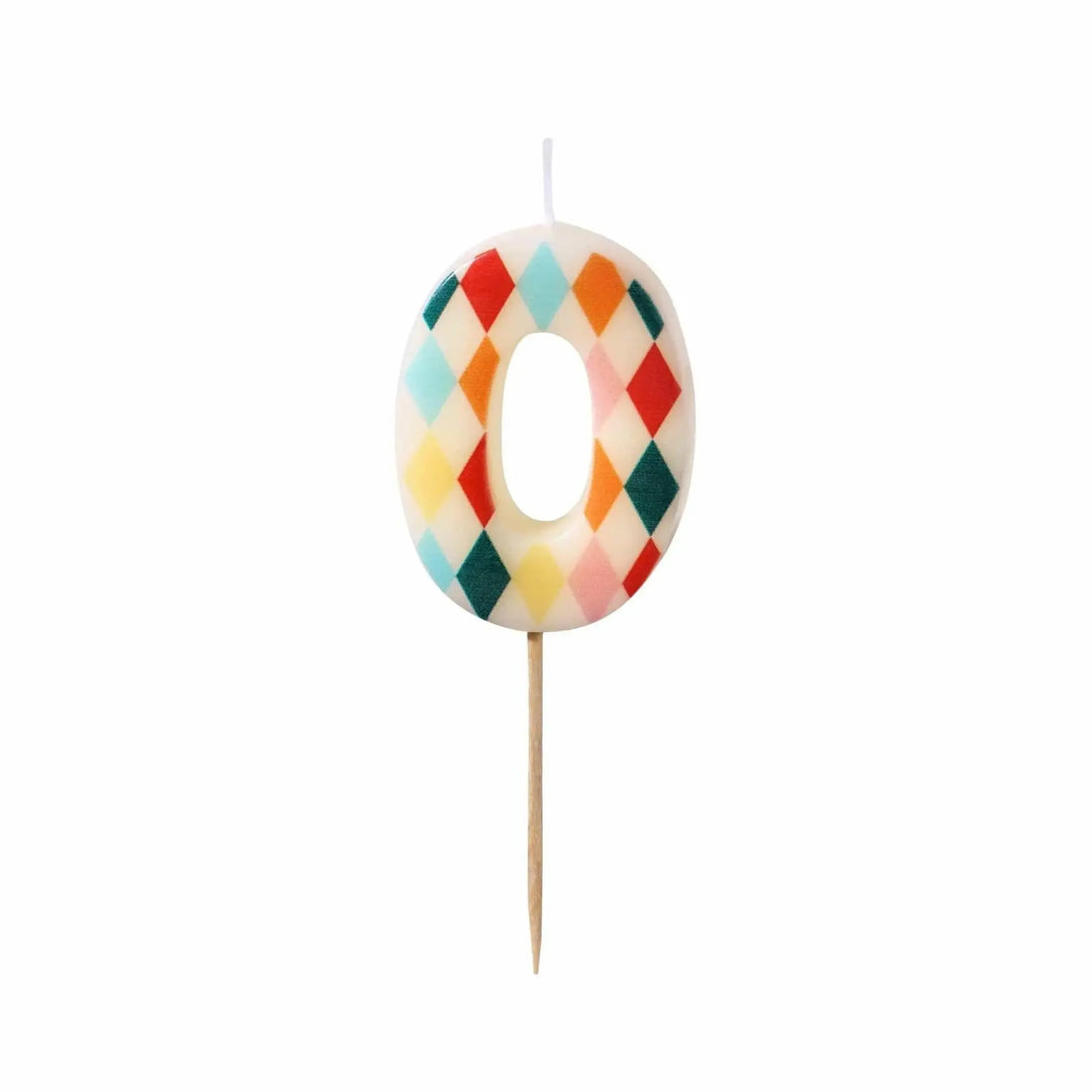 Cake Candle 0 - Rainbow Candles - Number 0 Birthday Cake Candle - Circus Party - Diamond Design - Harlequin Pattern-Kids Party-Multicoloured - Jolie Fete UK