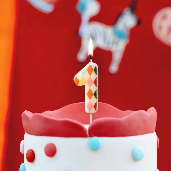 Cake Candle 1 - Rainbow Candles - Number 1 Birthday Cake Candle - Circus Party - Diamond Design - Harlequin Pattern-Kids Party-Multicoloured - Jolie Fete UK