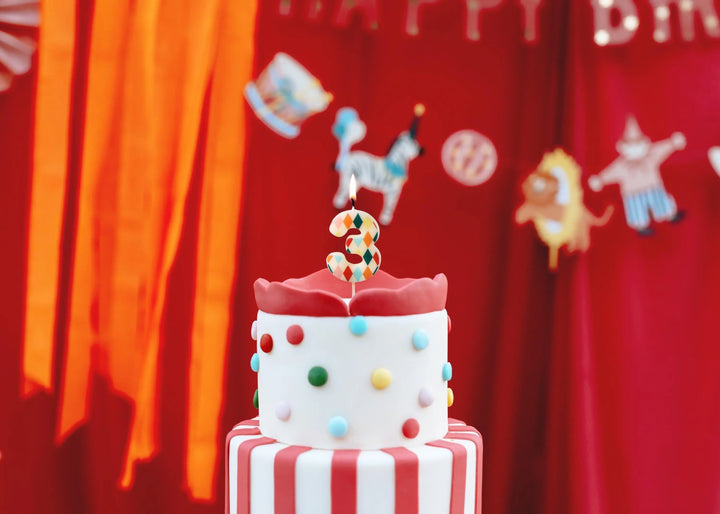 Cake Candle 3 - Rainbow Candles - Number 3 Birthday Cake Candle - Circus Party - Diamond Design - Harlequin Pattern-Kids Party-Multicoloured - Jolie Fete UK