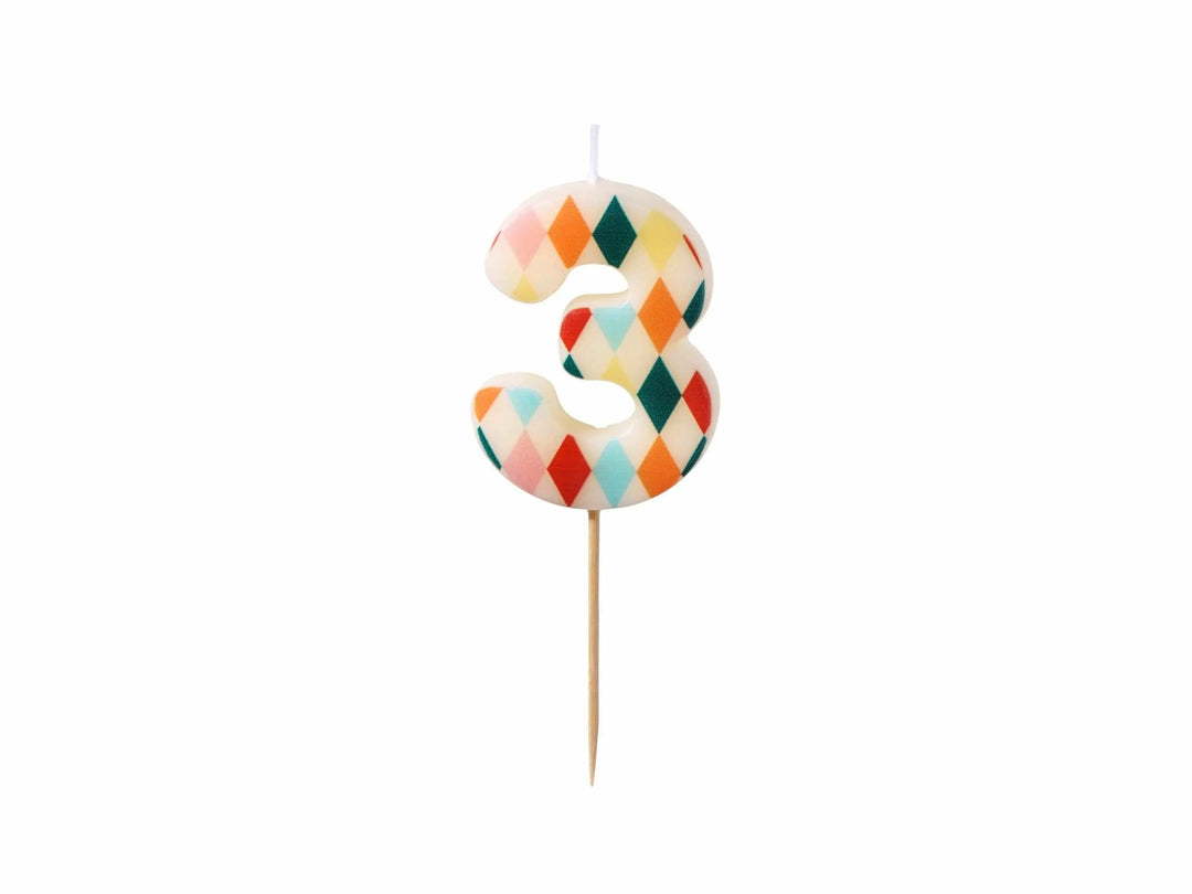 Cake Candle 3 - Rainbow Candles - Number 3 Birthday Cake Candle - Circus Party - Diamond Design - Harlequin Pattern-Kids Party-Multicoloured - Jolie Fete UK