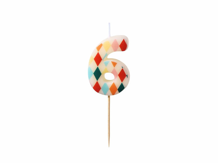 Cake Candle 6 - Rainbow Candles - Number 6 Birthday Cake Candle - Circus Party - Diamond Design - Harlequin Pattern-Kids Party-Multicoloured - Jolie Fete UK