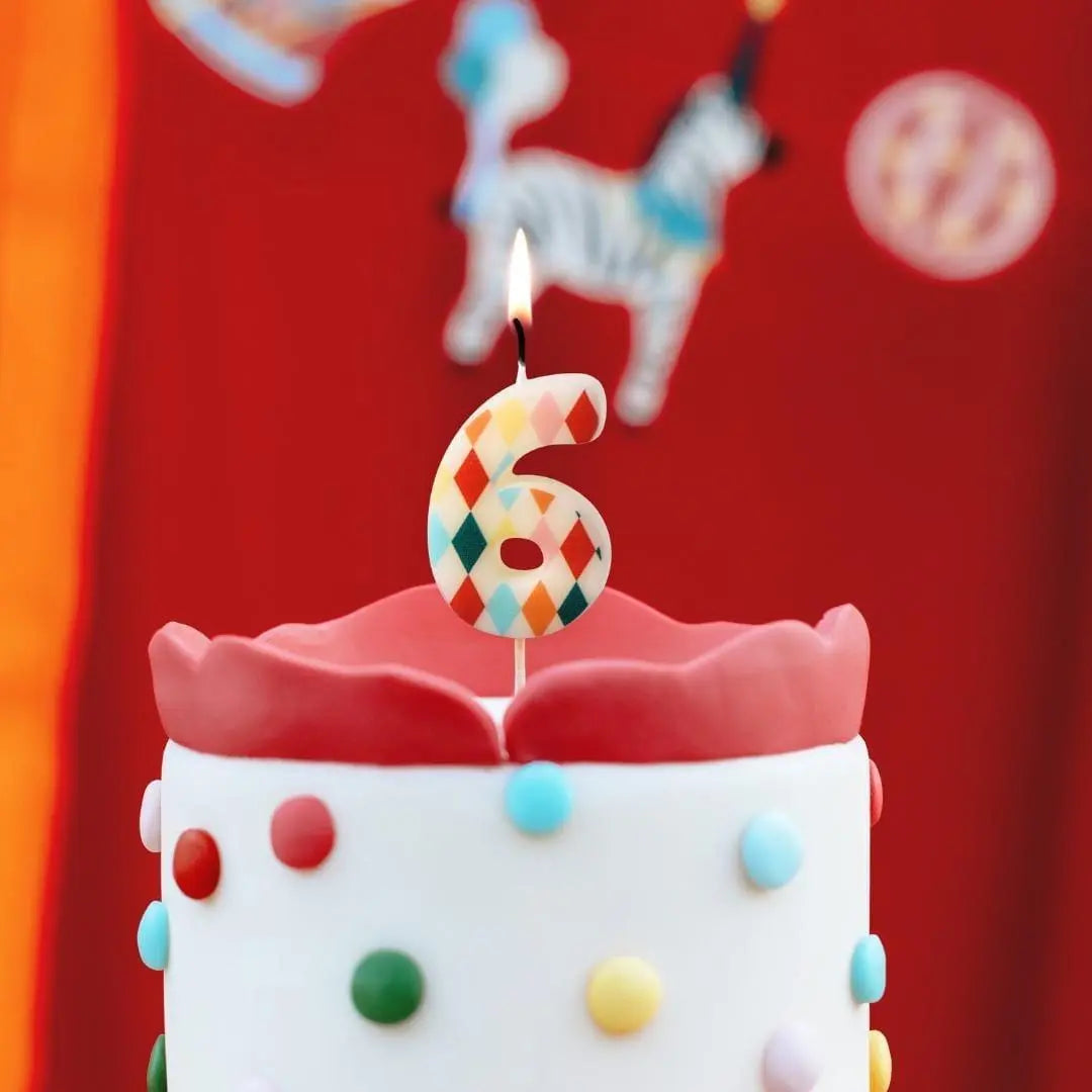 Cake Candle 6 - Rainbow Candles - Number 6 Birthday Cake Candle - Circus Party - Diamond Design - Harlequin Pattern-Kids Party-Multicoloured - Jolie Fete UK