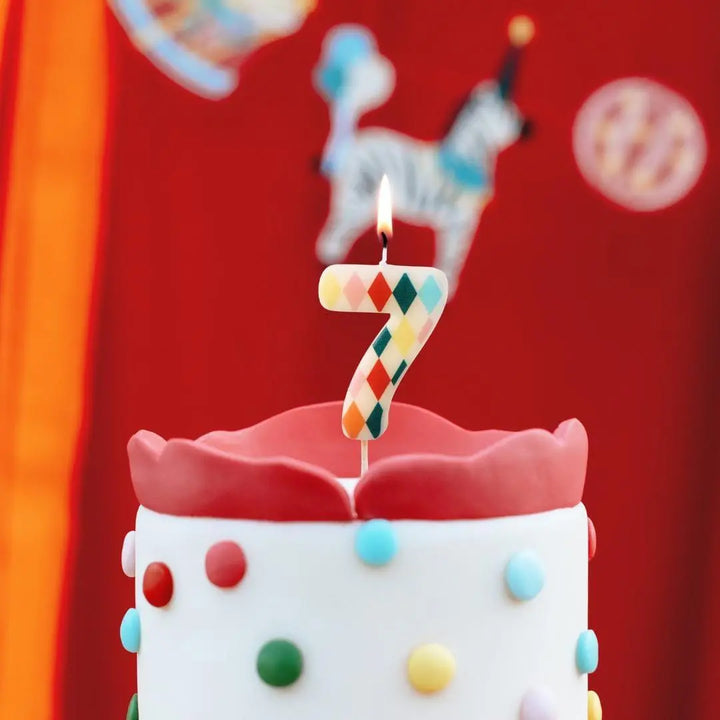 Cake Candle 7 - Rainbow Candles - Number 7 Birthday Cake Candle - Circus Party - Diamond Design - Harlequin Pattern-Kids Party-Multicoloured - Jolie Fete UK