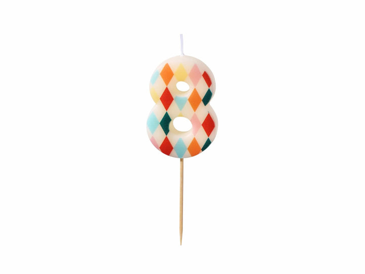 Cake Candle 8 - Rainbow Candles - Number 8 Birthday Cake Candle - Circus Party - Diamond Design - Harlequin Pattern-Kids Party-Multicoloured - Jolie Fete UK