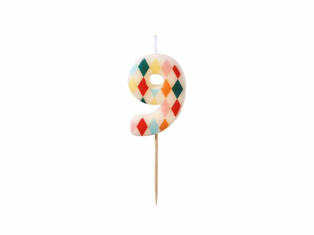 Cake Candle 9 - Rainbow Candles - Number 9 Birthday Cake Candle - Circus Party - Diamond Design - Harlequin Pattern-Kids Party-Multicoloured - Jolie Fete UK
