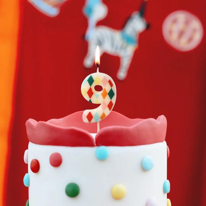 Cake Candle 9 - Rainbow Candles - Number 9 Birthday Cake Candle - Circus Party - Diamond Design - Harlequin Pattern-Kids Party-Multicoloured - Jolie Fete UK