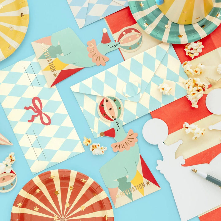 Circus Party Invitations - Party Invites With Circus Seal - Funfair Theme - Kids Birthday Party Supplies - Circus Animals - Pack of 6 - Jolie Fete UK