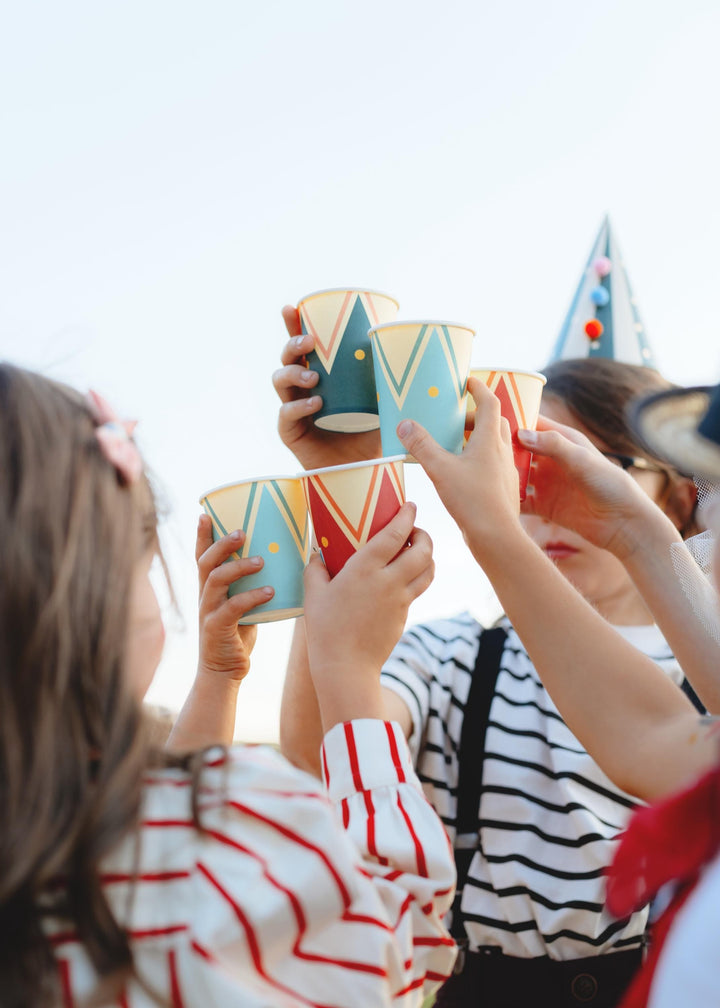 Circus Cups - Blue, Red& Green Paper Party Cups - Carnival Party Supplies - Funfair Theme - Kids Birthday Party Supplies - Pack of 6 - Jolie Fete UK