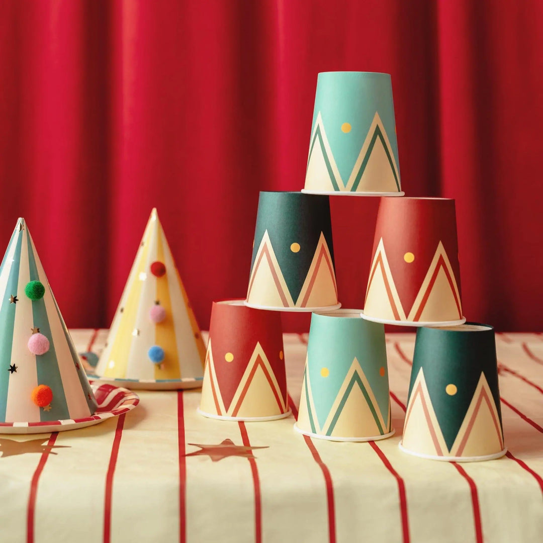 Circus Cups - Blue, Red& Green Paper Party Cups - Carnival Party Supplies - Funfair Theme - Kids Birthday Party Supplies - Pack of 6 - Jolie Fete UK