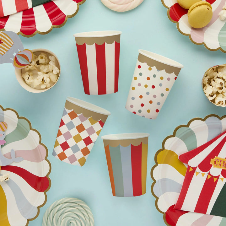 Circus Cups - Circus Party Paper Cups - Stripes, Harlequin, Dots - Carnival Party - Funfair Theme - Kids Birthday Party Supplies - Pack of 8 - Jolie Fete UK