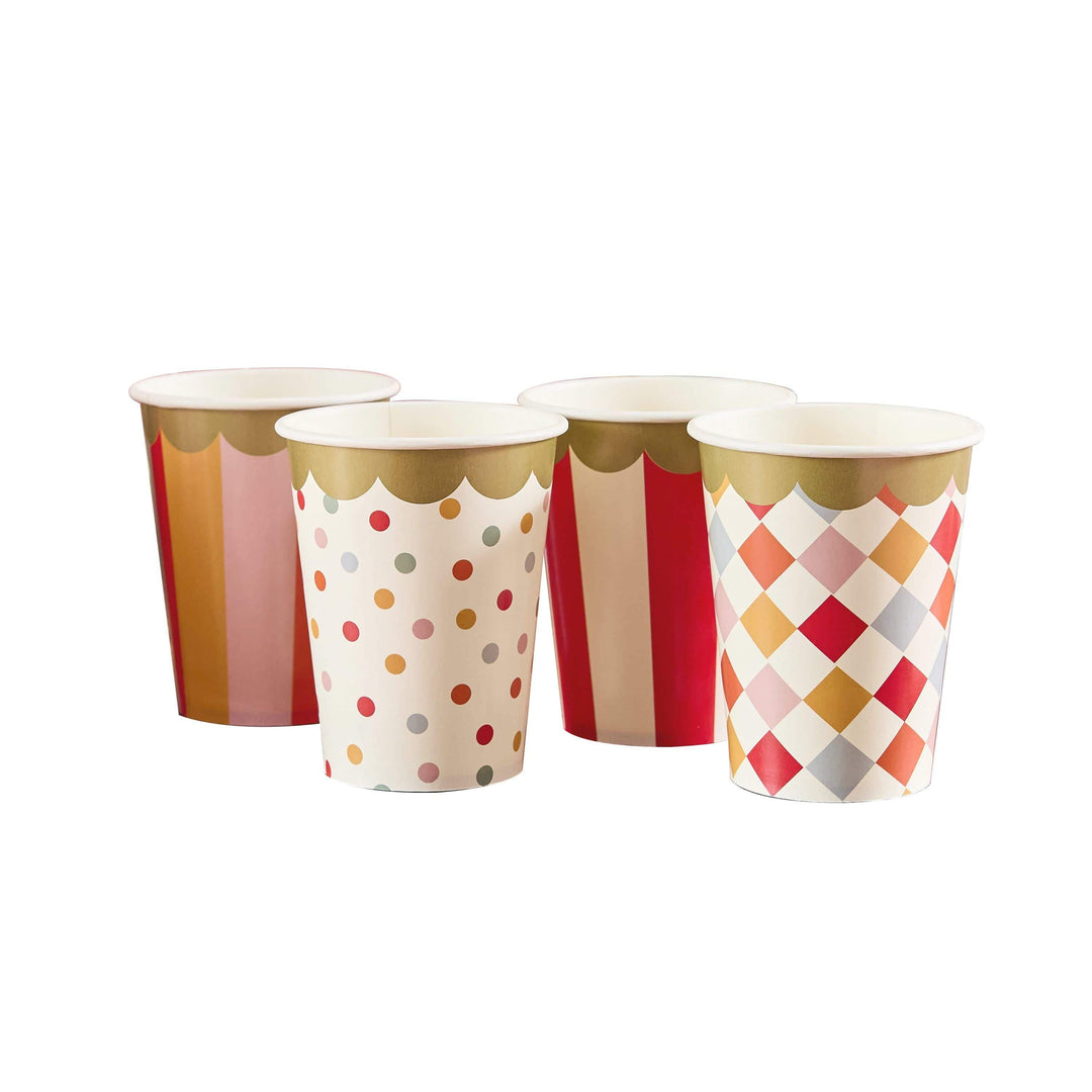 Circus Cups - Circus Party Paper Cups - Stripes, Harlequin, Dots - Carnival Party - Funfair Theme - Kids Birthday Party Supplies - Pack of 8 - Jolie Fete UK
