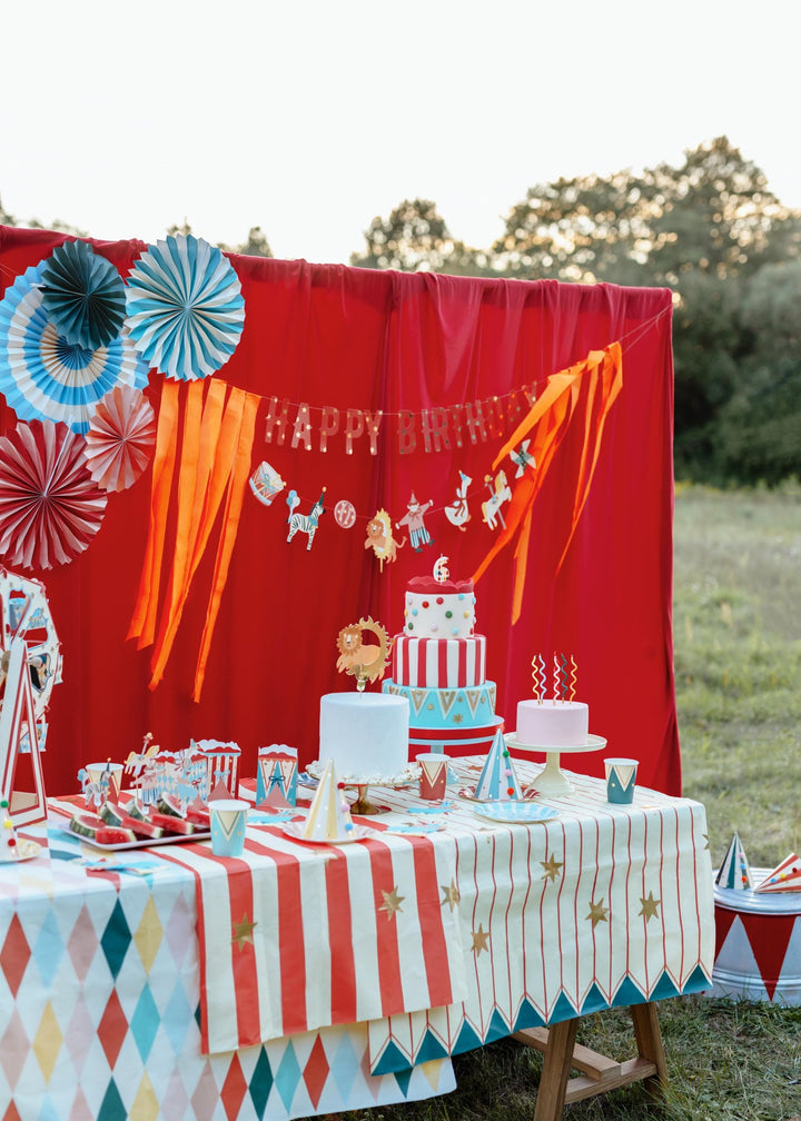 Circus Stripe Tablecloth - Paper Tablecloth With Thin Red Stripes & Gold Stars - Carnival Party Supplies - Funfair Theme-Kids Birthday Party - Jolie Fete UK