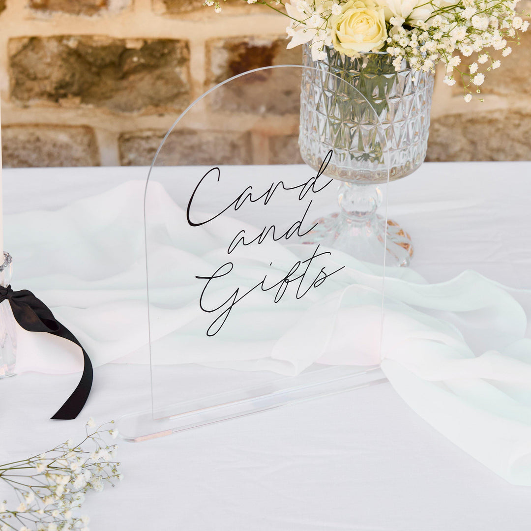 Clear Acrylic Cards and Gifts Sign - Wedding Table Decor With Black Script Lettering - Modern Minimalist Reception Signage - Standing Plaque - Jolie Fete UK
